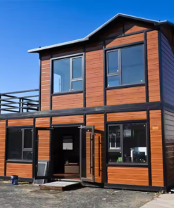 Villa prefabricada de 2 pisos y 2 dormitorios, casa pequeña con terraza en la azotea, exterior de estilo rústico, ventanas eficientes, cocina y baño