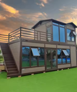 Villa prefabricada de 2 pisos y 2 dormitorios, casa pequeña familiar y ecológica, con cocina y baño completos, diseño sostenible y comodidades modernas